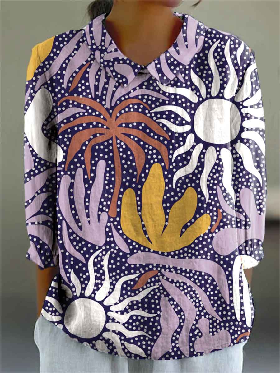 Women's Abstract Floral Sun Pattern Print Casual Cotton And Linen 3/4 Sleeve Shirt