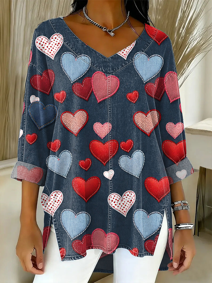 Women's Valentine's Day Heart-shaped Art Print Casual Washed Denim Cotton Top