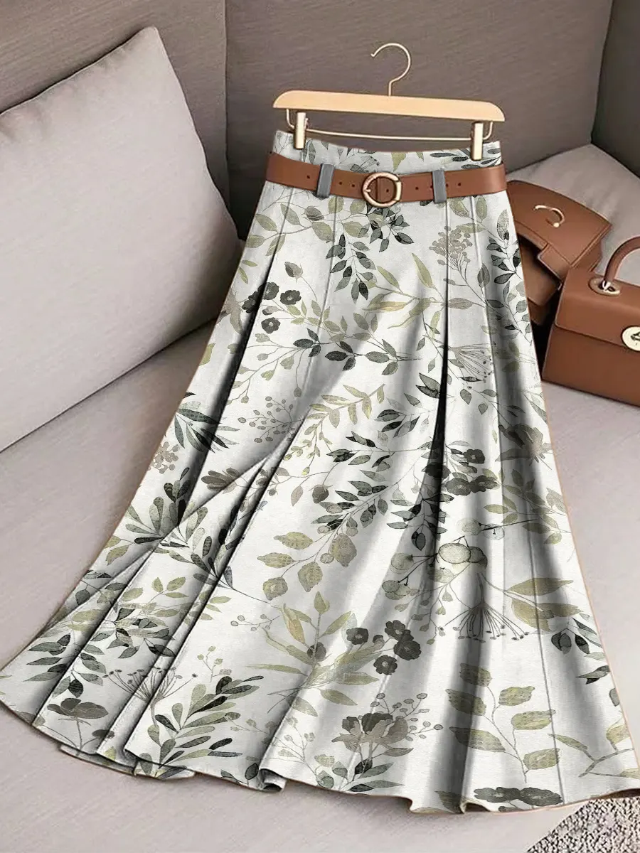 Women's Vintage Artistic Leaves Print Cotton Skirt