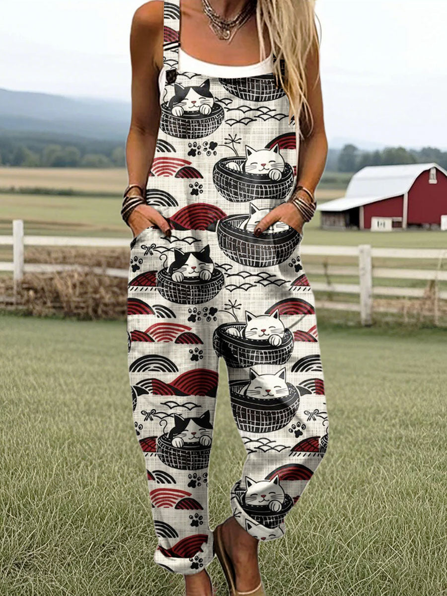 Women's Vintage Cat Flower Art Print Casual 100% Cotton Wide Leg Jumpsuit