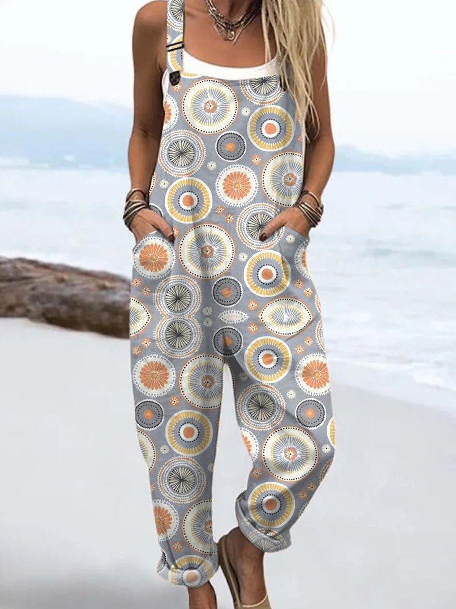 Women's  Vintage Abstract Geometric Art Print Casual 100% Cotton Wide Leg Jumpsuit