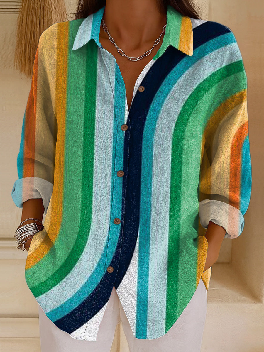 Women's Beautiful Colorful Striped Painting Art Print Casual Cotton Shirt