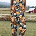 Women's Lovely Cow Floral Pattern Art Print Casual 100% Cotton Wide Leg Jumpsuit