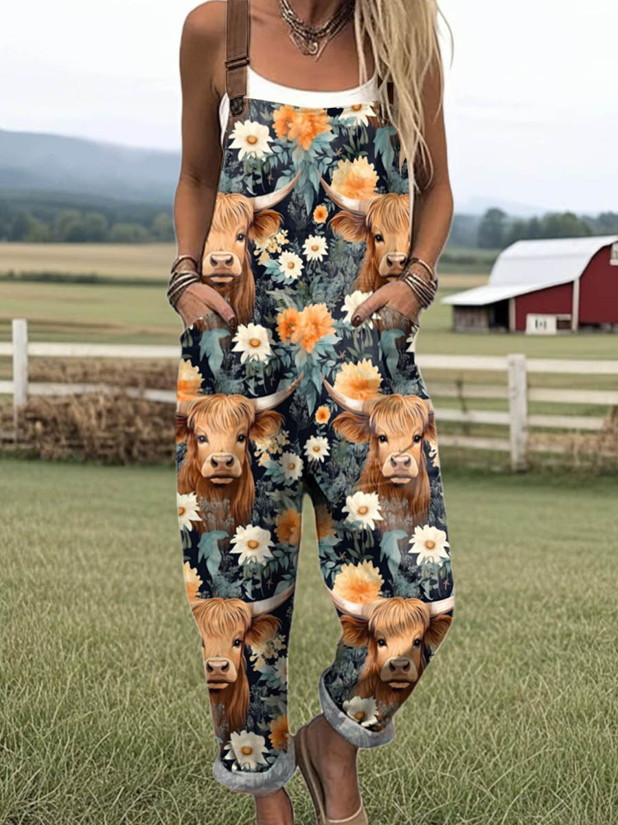 Women's Lovely Cow Floral Pattern Art Print Casual 100% Cotton Wide Leg Jumpsuit