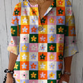 Women's Colorful Lattice Flowers Casual Cotton Linen Shirt