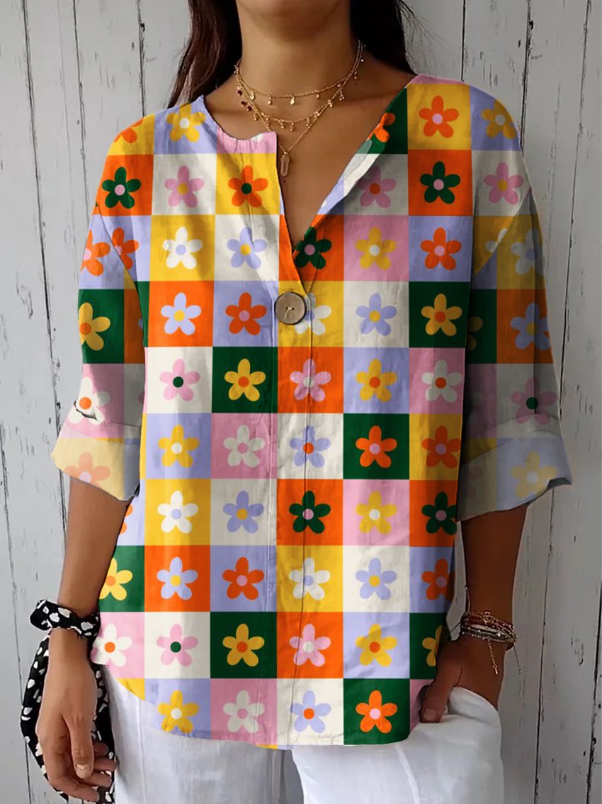 Women's Colorful Lattice Flowers Casual Cotton Linen Shirt