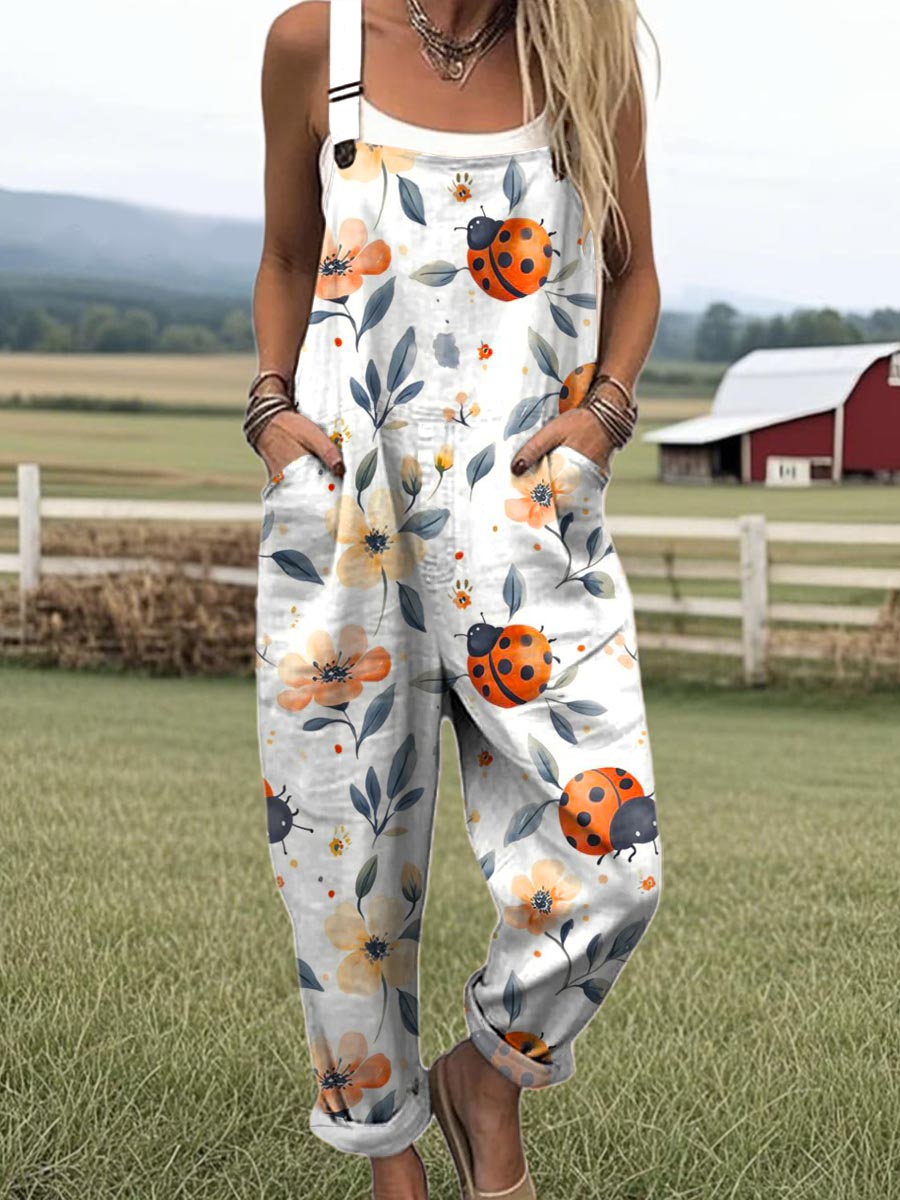 Women's Floral Insects Pattern Art Print Casual 100% Cotton Wide Leg Jumpsuit