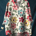 Women's Cute Flowers Art Print Casual Cotton And Linen V-neck Shirt