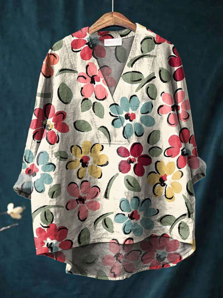 Women's Cute Flowers Art Print Casual Cotton And Linen V-neck Shirt
