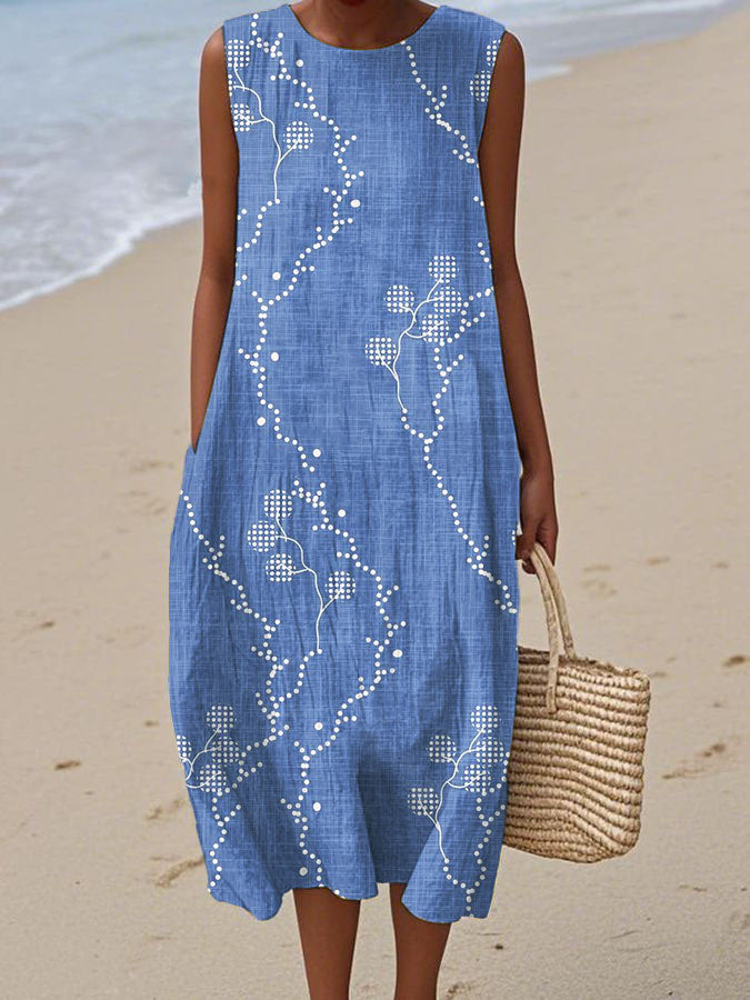 Women's Vintage Flower Art Print Sleeveless Cotton Pocket Wrap Dress