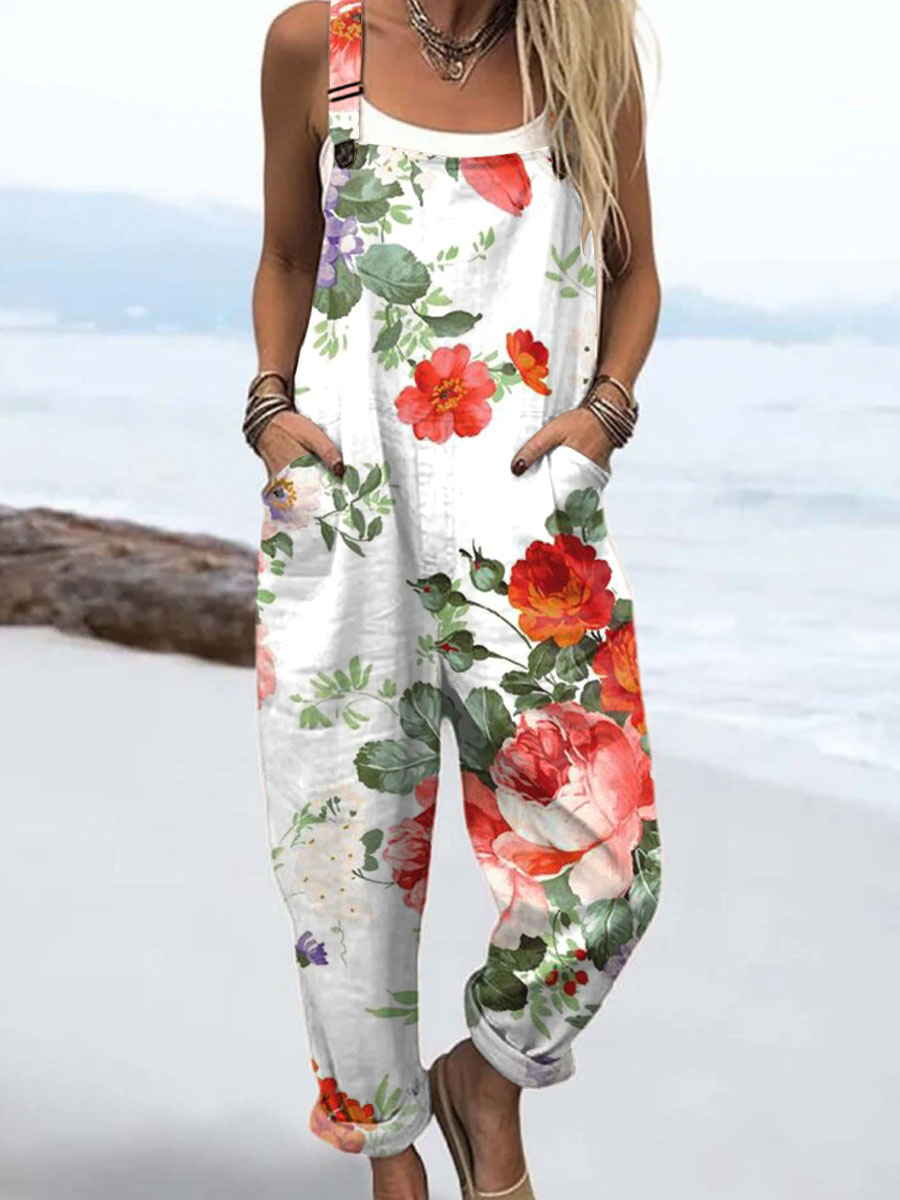 Women's Floral Art  Print Casual 100% Cotton Wide Leg Jumpsuit