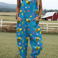 Women's  Funny Bee Flower Art Print Casual 100% Cotton Wide Leg Jumpsuit