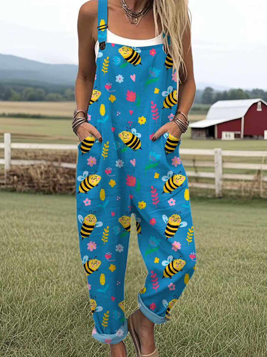Women's  Funny Bee Flower Art Print Casual 100% Cotton Wide Leg Jumpsuit