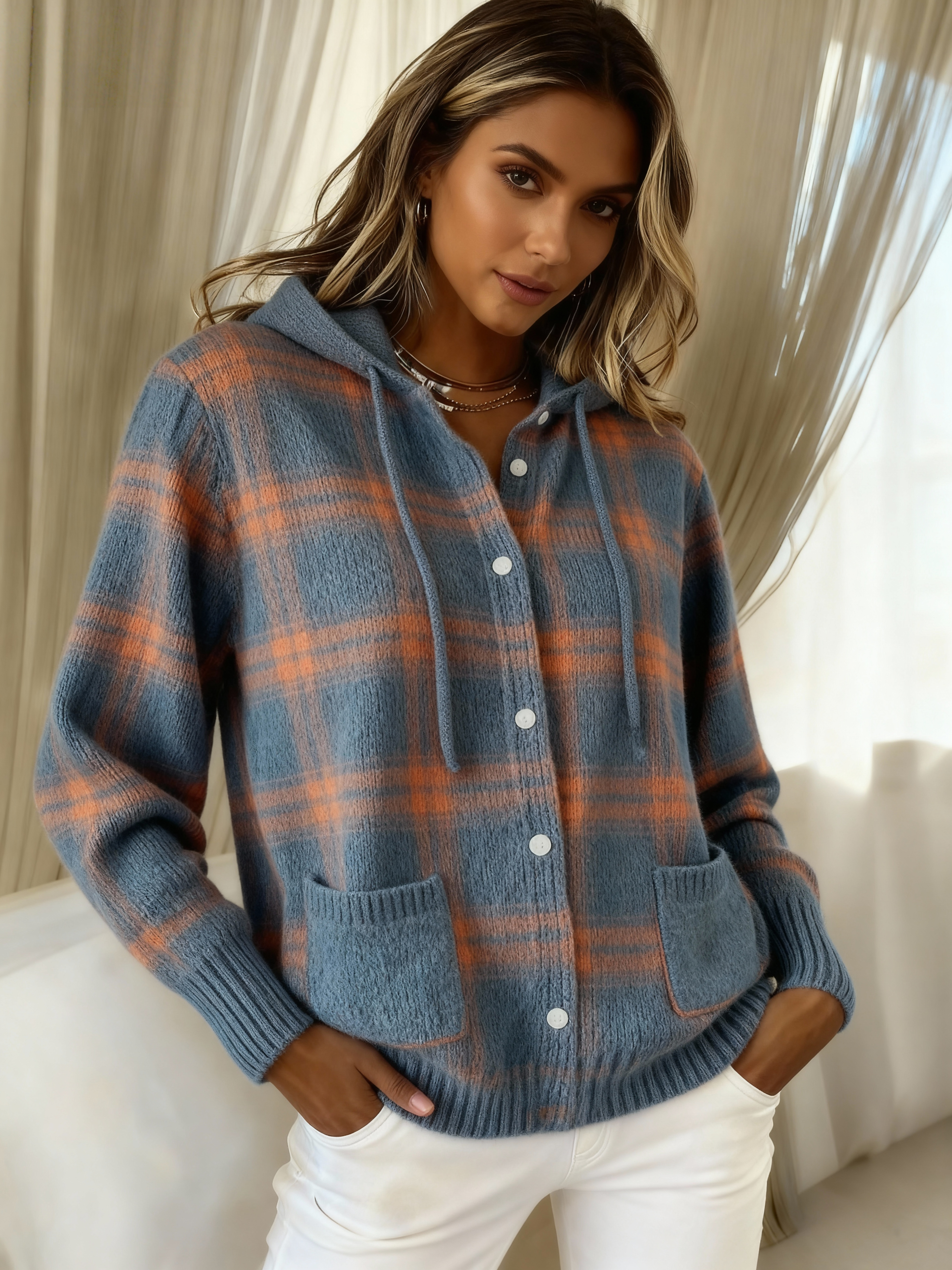 Vintage Soft Check Contrast Hooded Button Knit Cardigan Sweater with Front Pockets