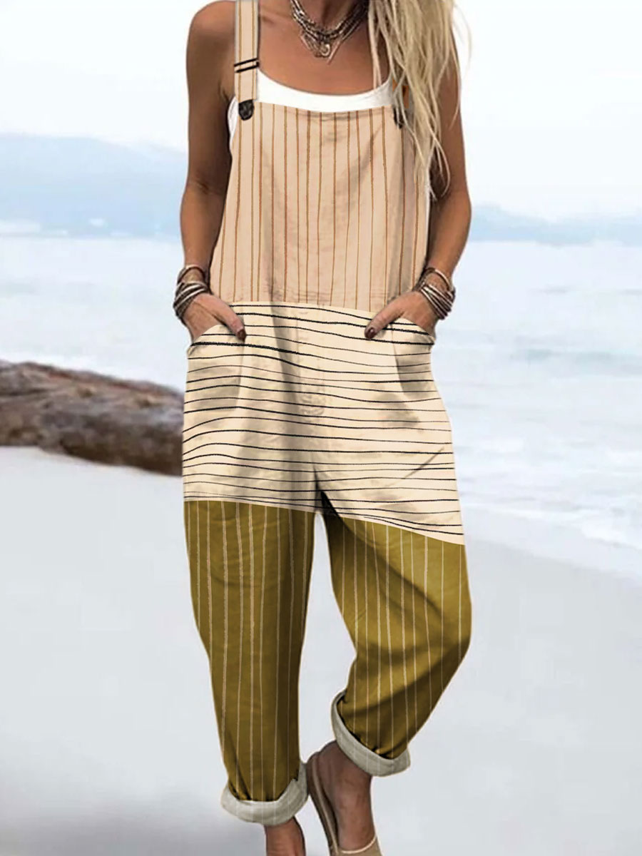 Women's Colorful Abstract Stripes Geometric Art Print Casual 100% Cotton Wide Leg Jumpsuit