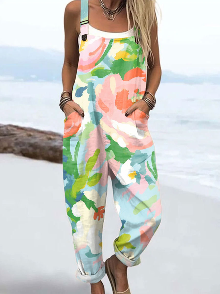 Women's  Vintage Floral Art Print Print Casual 100% Cotton Wide Leg Jumpsuit