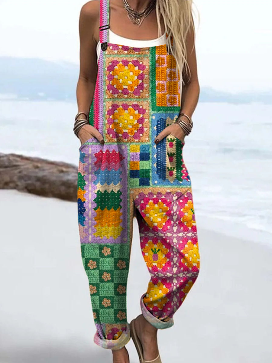 Women's Abstract Geometric Pattern Art Print Casual 100% Cotton Wide Leg Jumpsuit