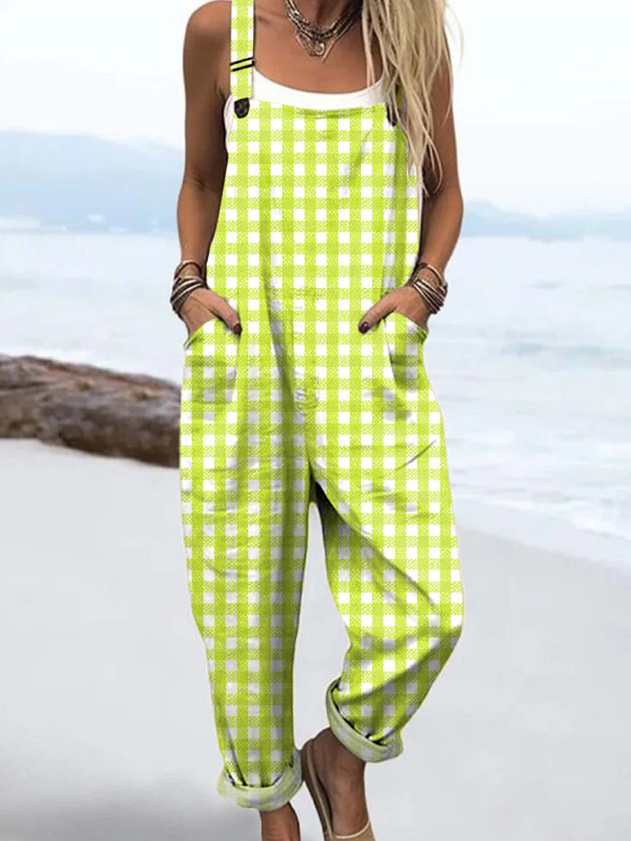 Women's Green Art Lattice Print Casual 100% Cotton Wide Leg Jumpsuit