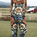 Women's  Vintage Flower Art Print Casual 100% Cotton Wide Leg Jumpsuit