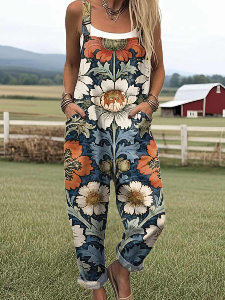 Women's  Vintage Flower Art Print Casual 100% Cotton Wide Leg Jumpsuit