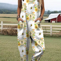 Women's Lovely Floral Bees Art Print Casual 100% Cotton Wide Leg Jumpsuit