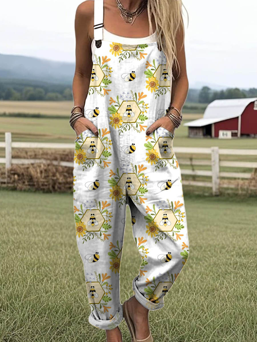 Women's Lovely Floral Bees Art Print Casual 100% Cotton Wide Leg Jumpsuit