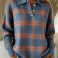 Casual Contrast Plaid Polo Collar Button-down Sweater Top
