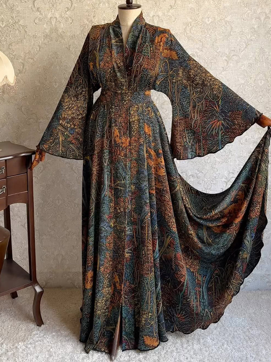 Women's Vintage Floral Print Bell-sleeve Maxi Dress