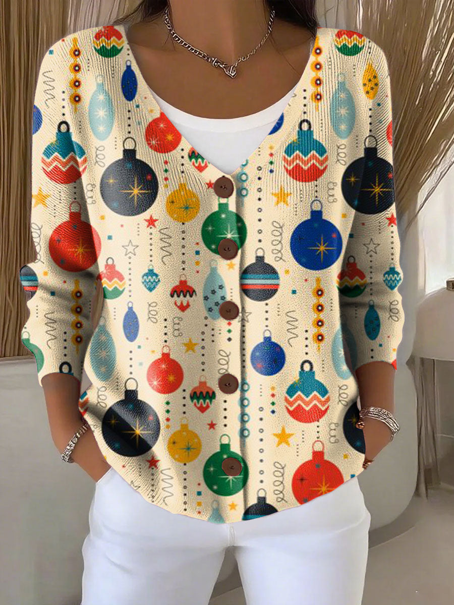 Christmas Lanterns Print Buttoned V-neck Cardigan Sweater