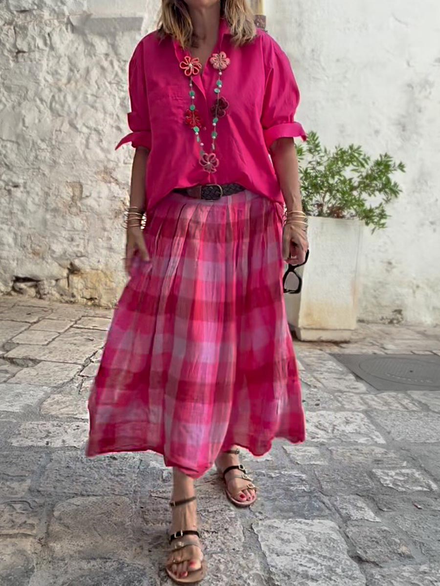 Women Solid Color Lapel Long Sleeve Cotton Shirt High Waist Check Print Casual Cotton Skirt Set