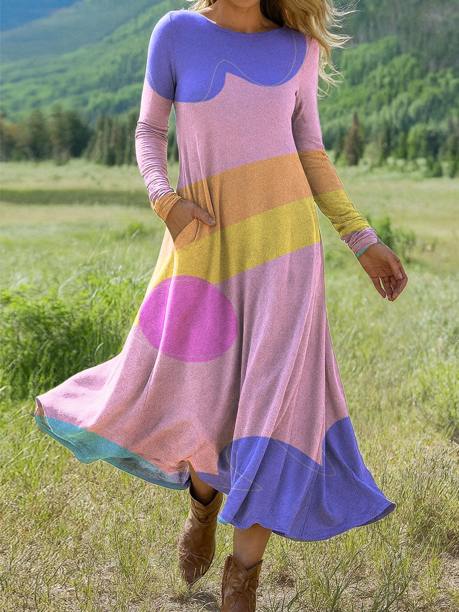 Women's Irregular Pattern Splicing Art Print Long-sleeved Dress