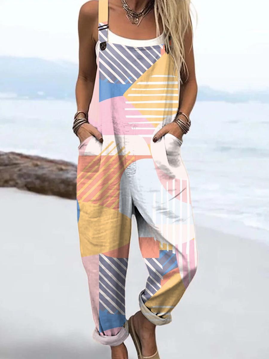 Women's Artistic Creative Geometry Print Casual 100% Cotton Wide Leg Jumpsuit