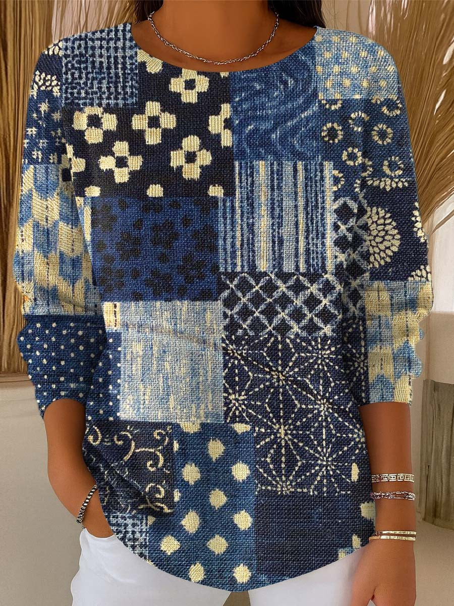 Women's Vintage Floral Patchwork Pattern Art Print Casual Pullover Sweater