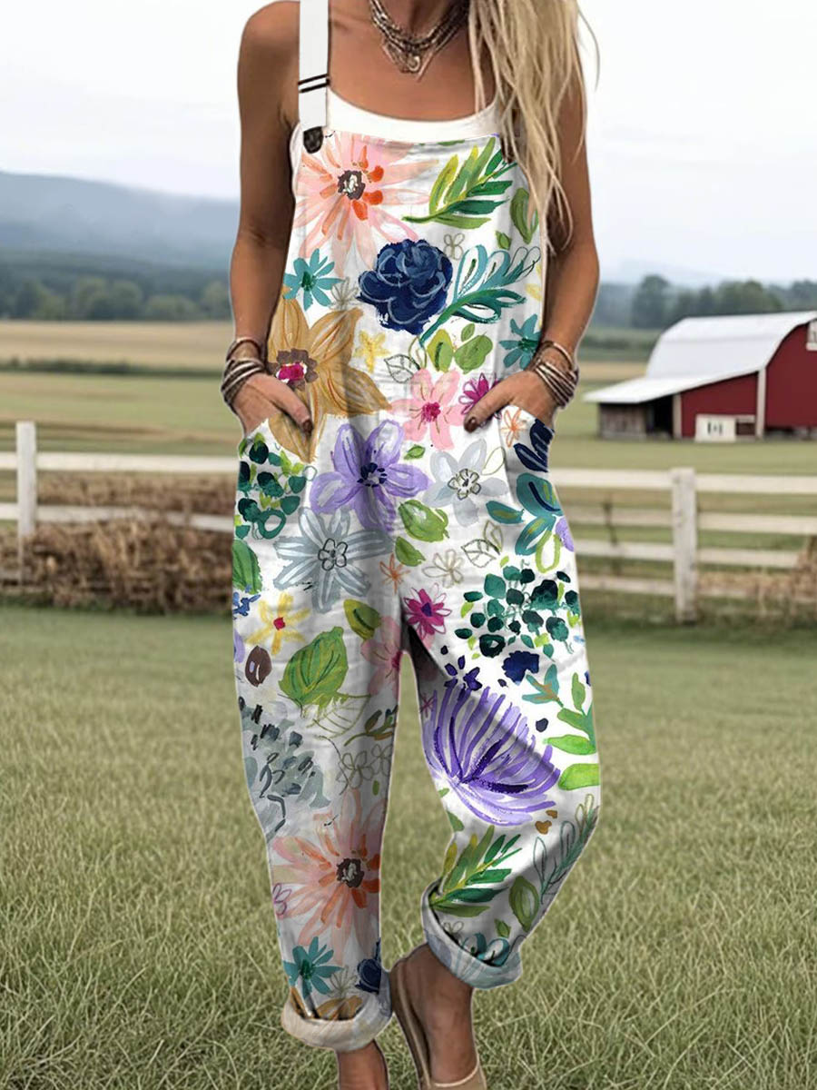 Women's Lovely Floral Art Print Casual 100% Cotton Wide Leg Jumpsuit