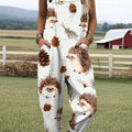 Women's Lovely Hedgehog Art Print Casual 100% Cotton Wide Leg Jumpsuit