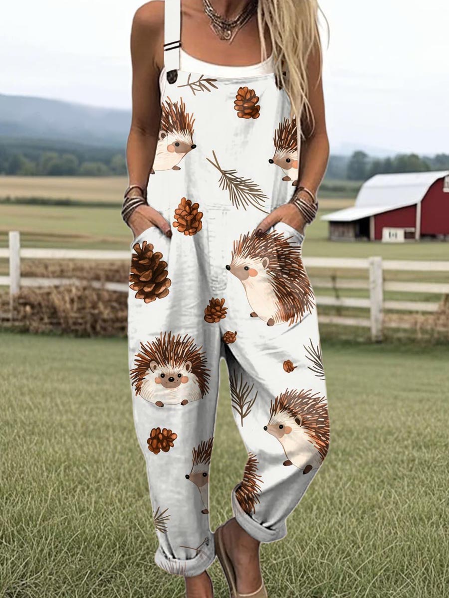 Women's Lovely Hedgehog Art Print Casual 100% Cotton Wide Leg Jumpsuit
