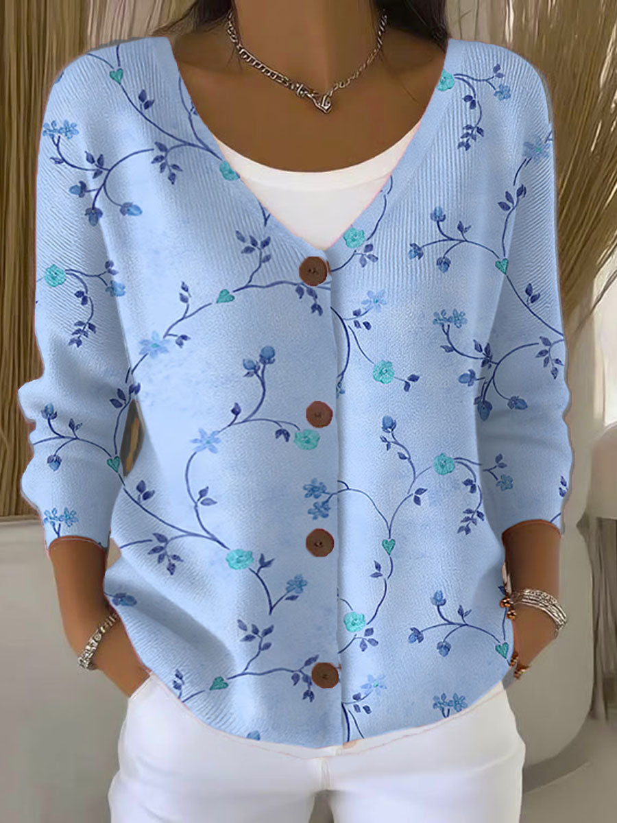 colorful-flower-vine-print-buttoned-v-neck-cardigan-sweater