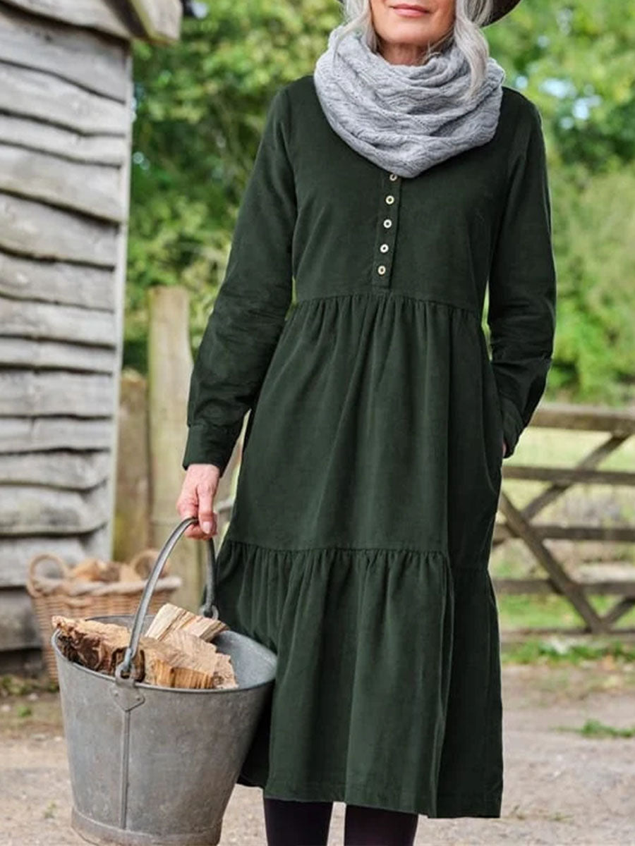 Women's Solid Color V-Neck Long Sleeve Velvet Casual A-Line Dress