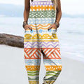 Women's Colourful Artistic Abstract Lines Print Casual 100% Cotton Wide Leg Jumpsuit