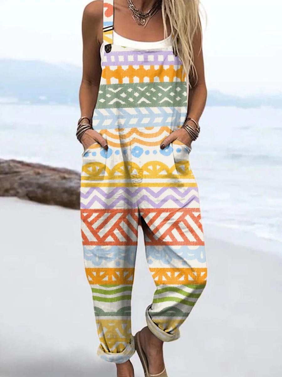 Women's Colourful Artistic Abstract Lines Print Casual 100% Cotton Wide Leg Jumpsuit