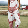 Women's Vintage Funny Farm Chicken Art Print Casual 100% Cotton Wide Leg Jumpsuit