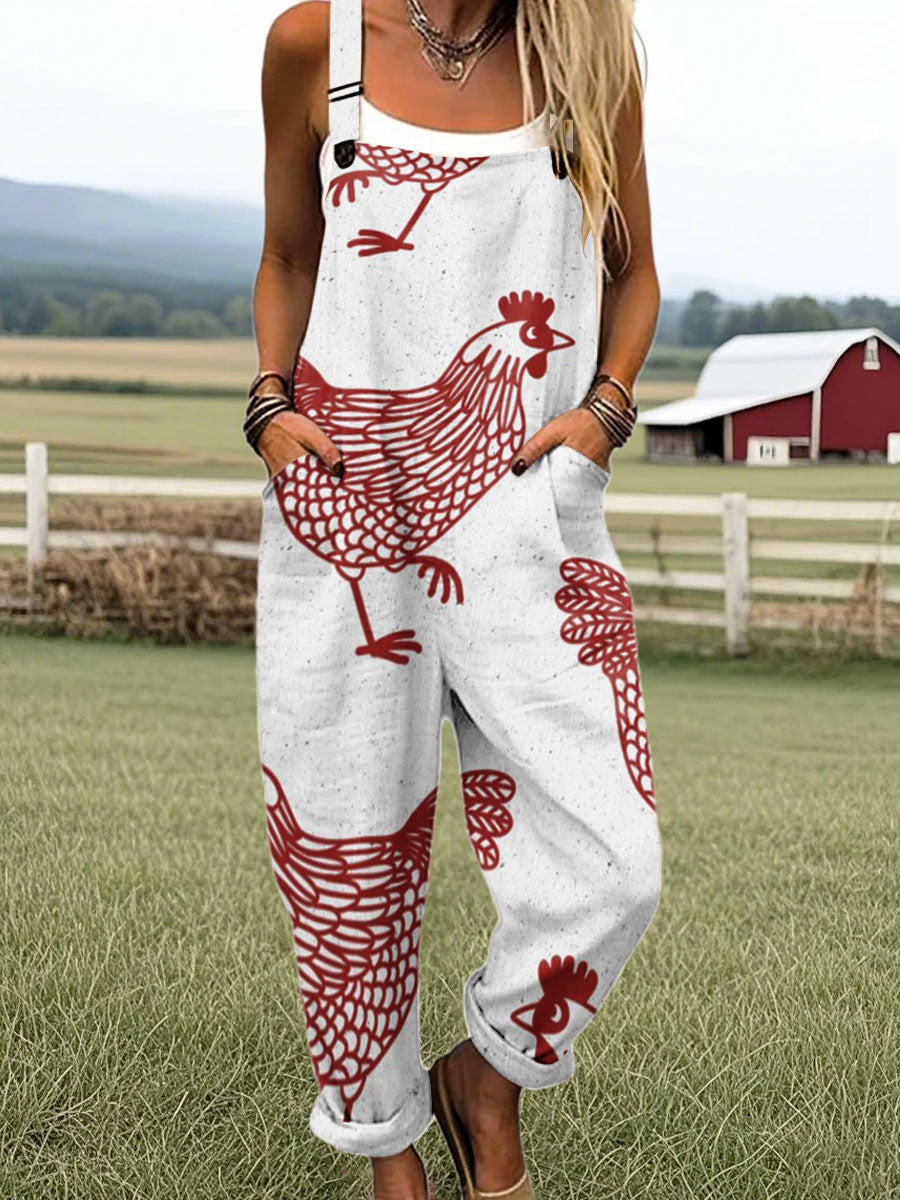Women's Vintage Funny Farm Chicken Art Print Casual 100% Cotton Wide Leg Jumpsuit