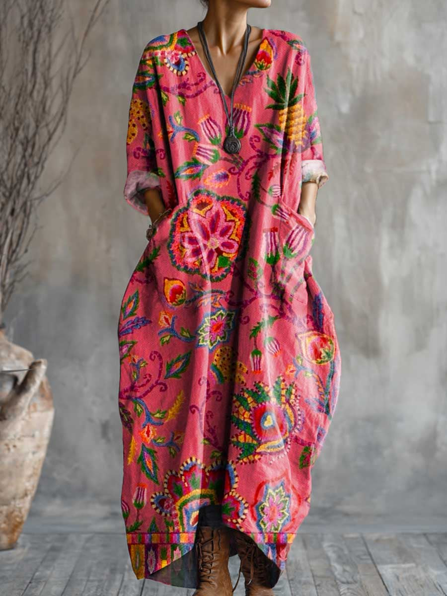 Women's Vintage Art Pattern Print Pocket V-neck Cotton Dress
