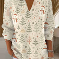 Women's Christmas Print Lapel Long Sleeve Casual Loose Pullover Sweater