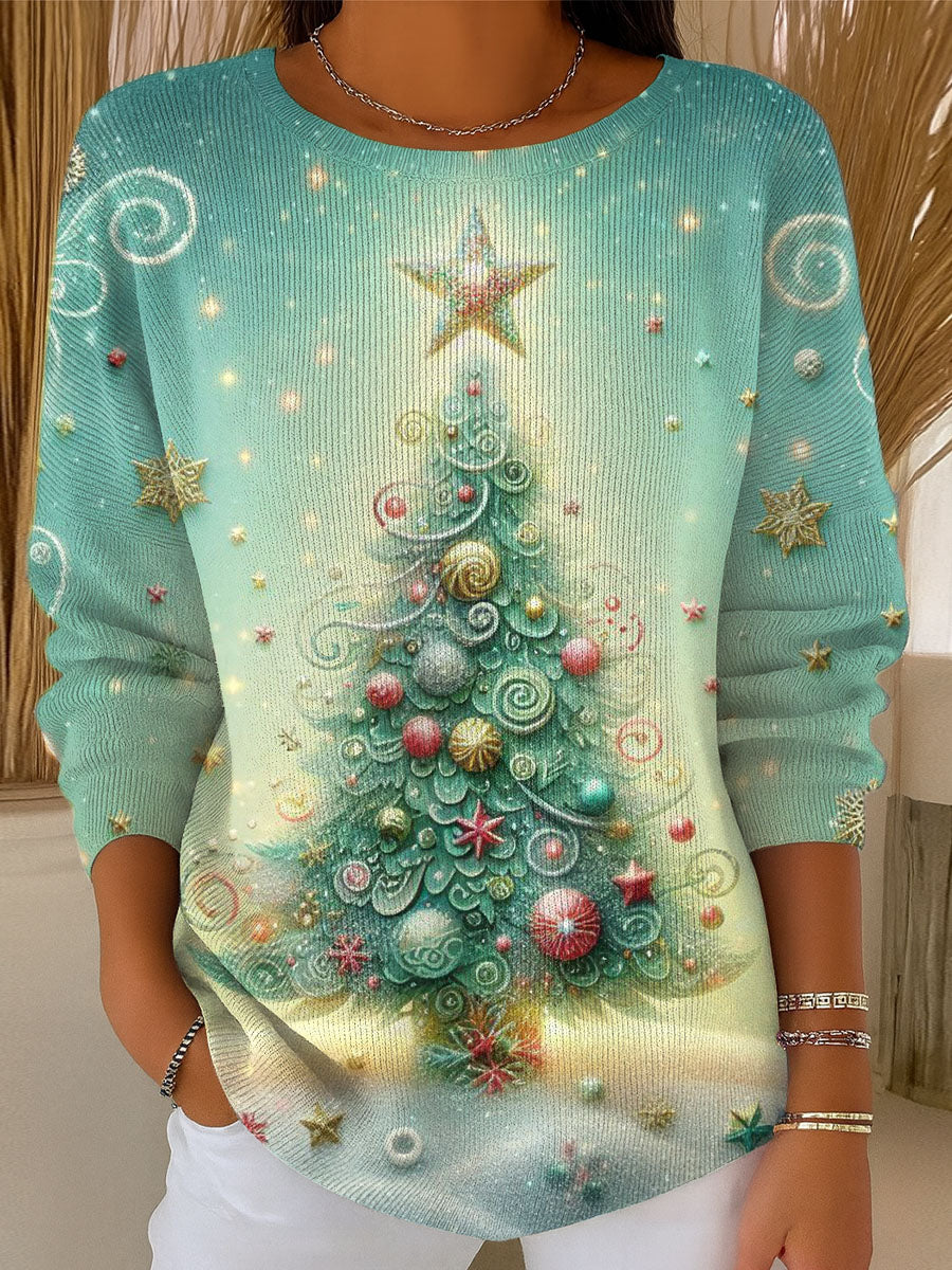 Women's Beautiful Winter Christmas Tree Drawing Art Print Casual Pullover Sweater