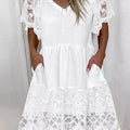 Women's V-neck Lace Trim Short Sleeve Dress