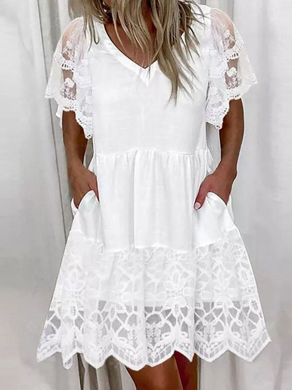 Women's V-neck Lace Trim Short Sleeve Dress