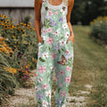 Women's  Vintage Flower Art Print Casual 100% Cotton Wide Leg Jumpsuit
