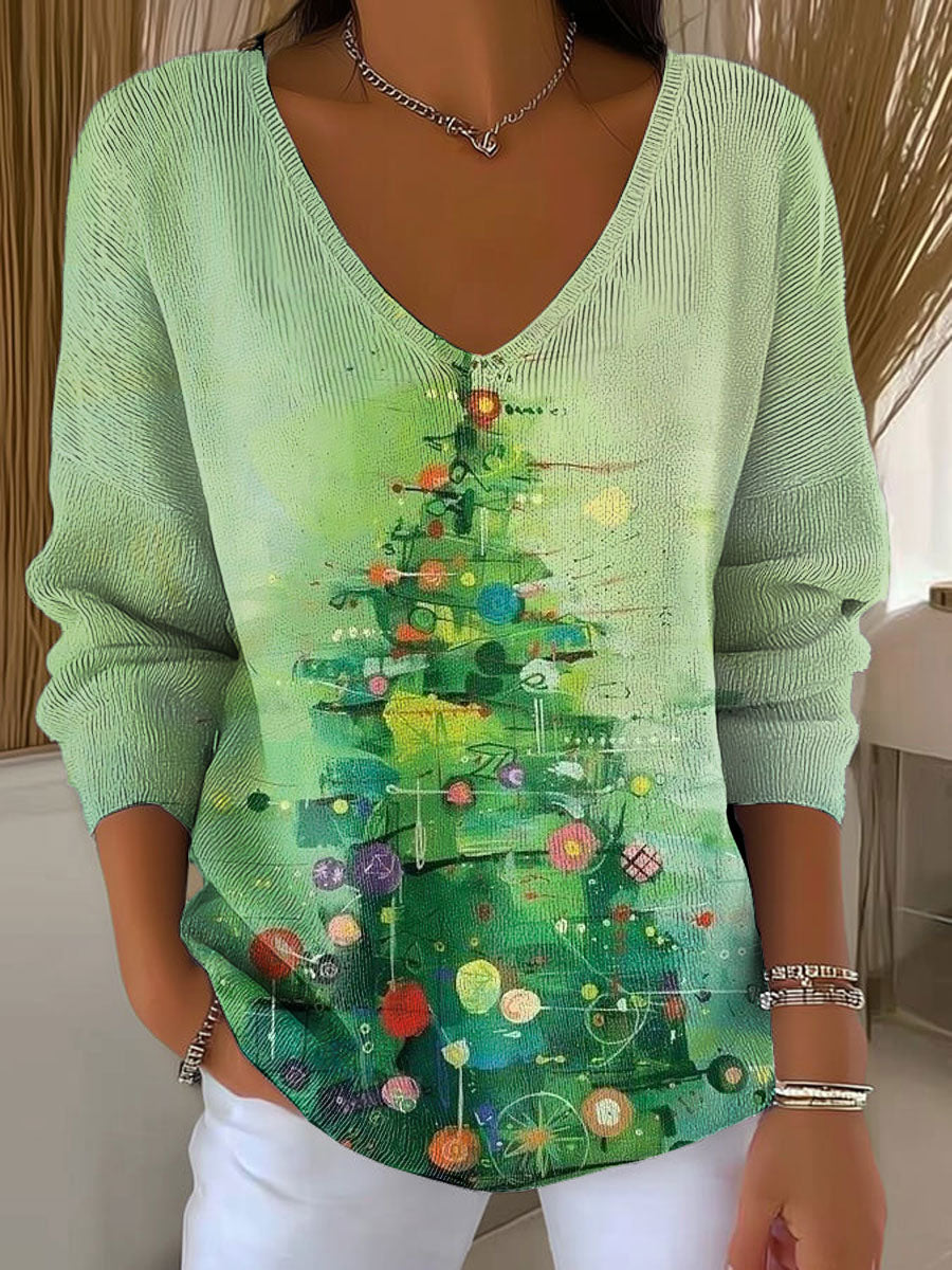 Women's Christmas Tree Pattern Print Casual Pullover Sweater