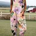 Damen-Jumpsuit mit Vintage-Blumenmuster, lässig, aus 100 % Baumwolle, weites Bein 